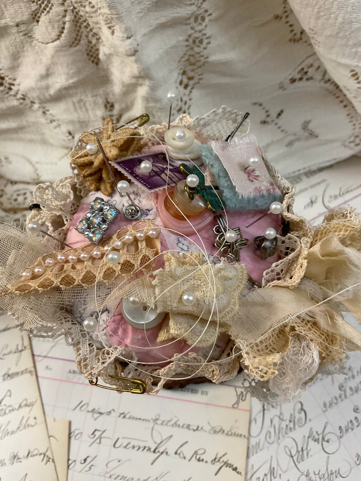 Teacup Pincushion w/ Pink and Purple Flowers