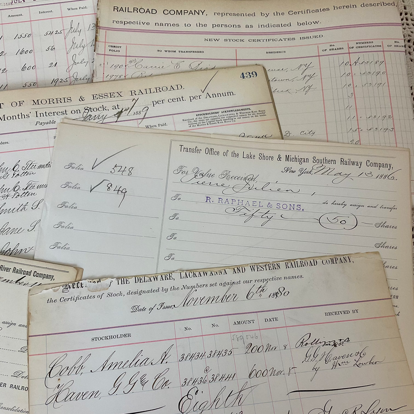 Antique Railroad Ledger & Certificate Pages – 18-Piece Ephemera Set