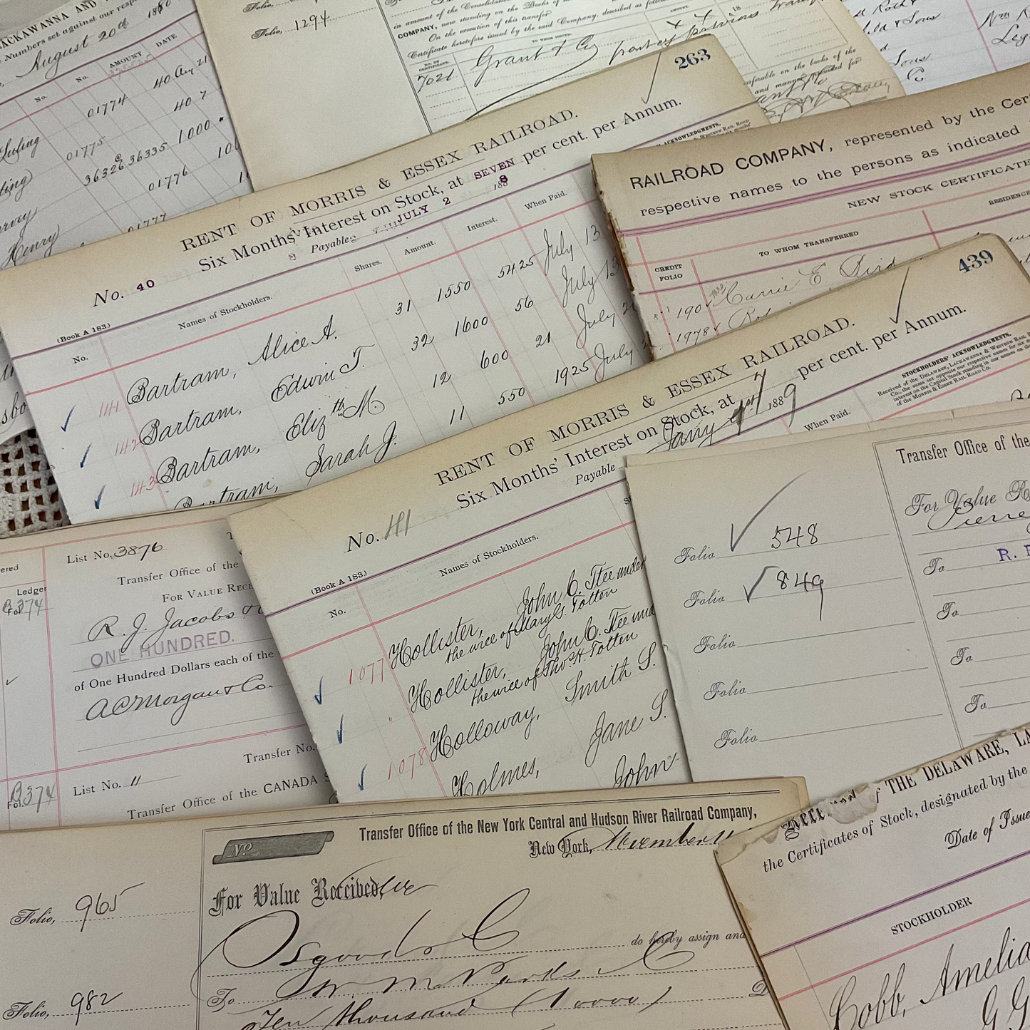 Antique Railroad Ledger & Certificate Pages – 18-Piece Ephemera Set