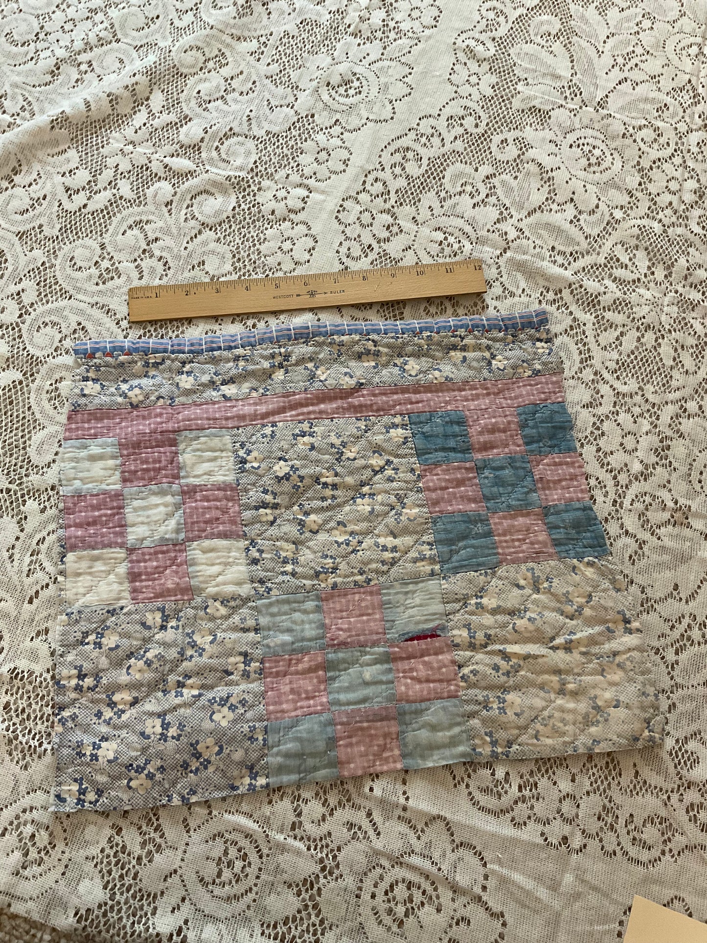 Pink and Blue 9 Patch Quilt w/pink and cream - B2