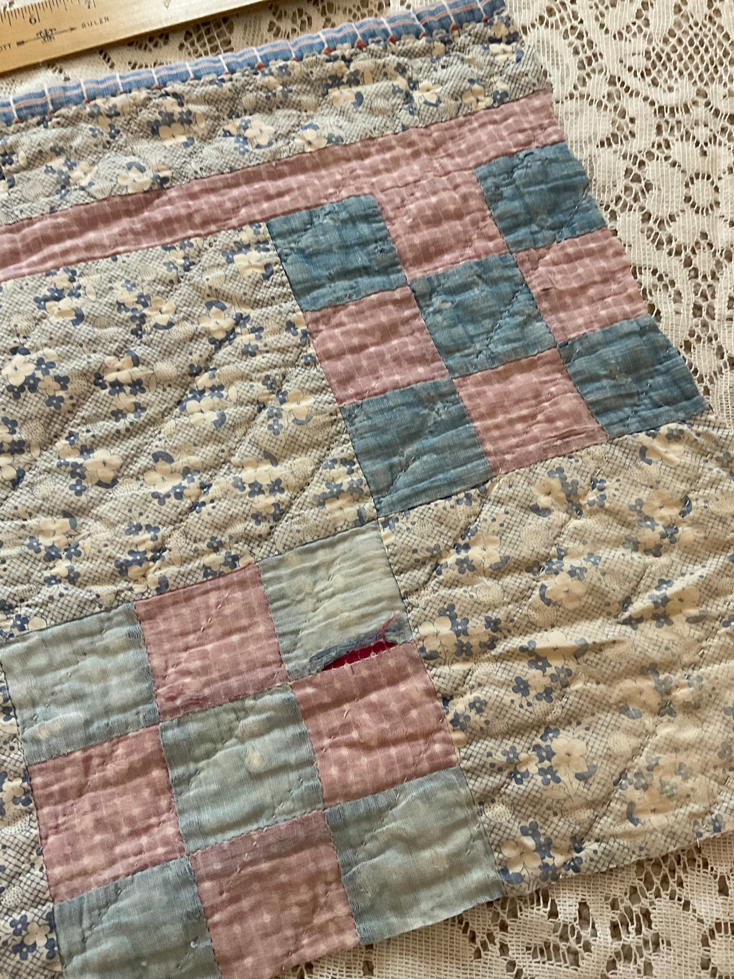 Pink and Blue 9 Patch Quilt w/pink and cream - B2