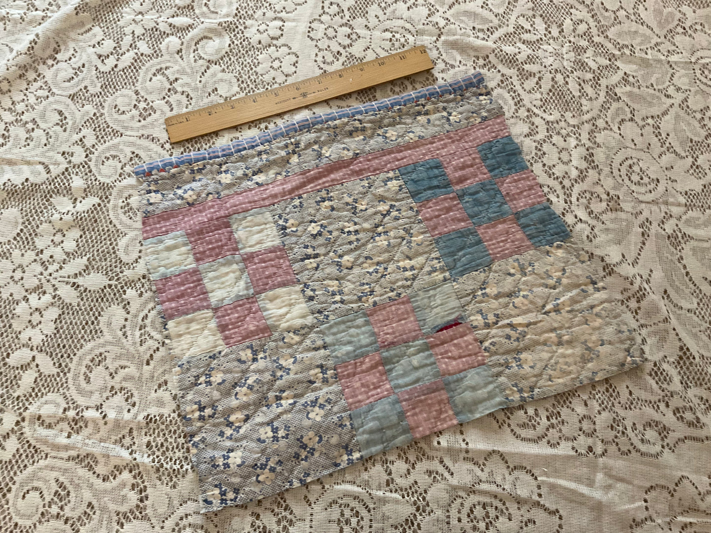Pink and Blue 9 Patch Quilt w/pink and cream - B2