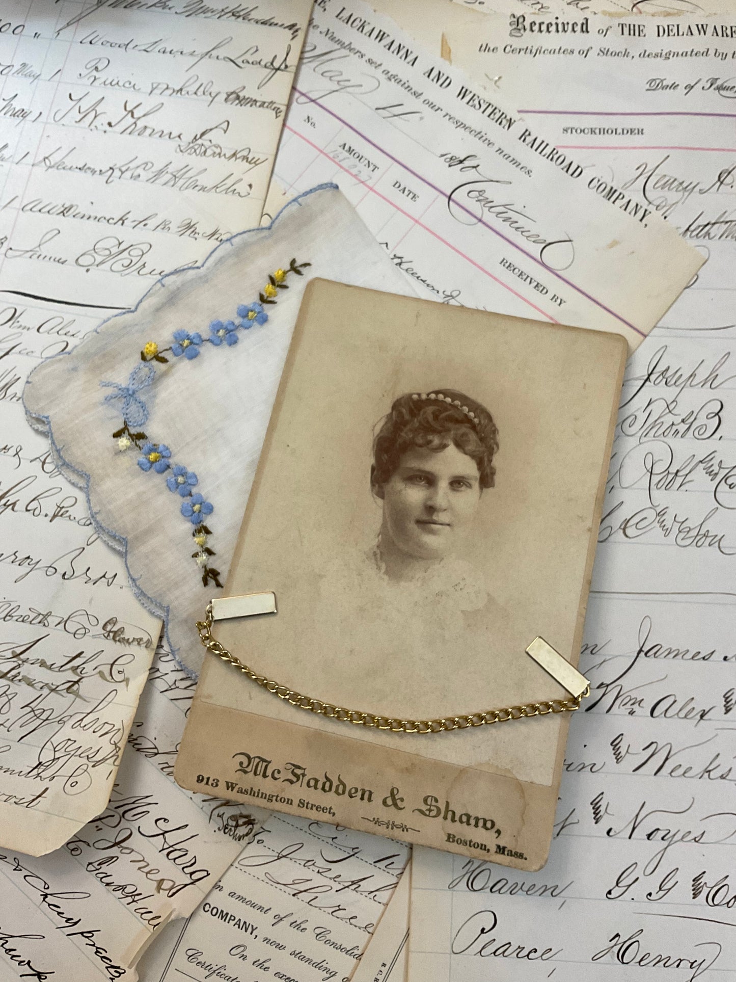 Sweater Clip, Cabinet Card and Hankie - E