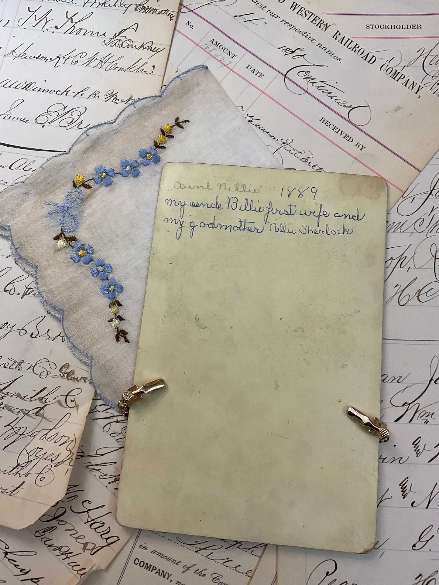 Sweater Clip, Cabinet Card and Hankie - E