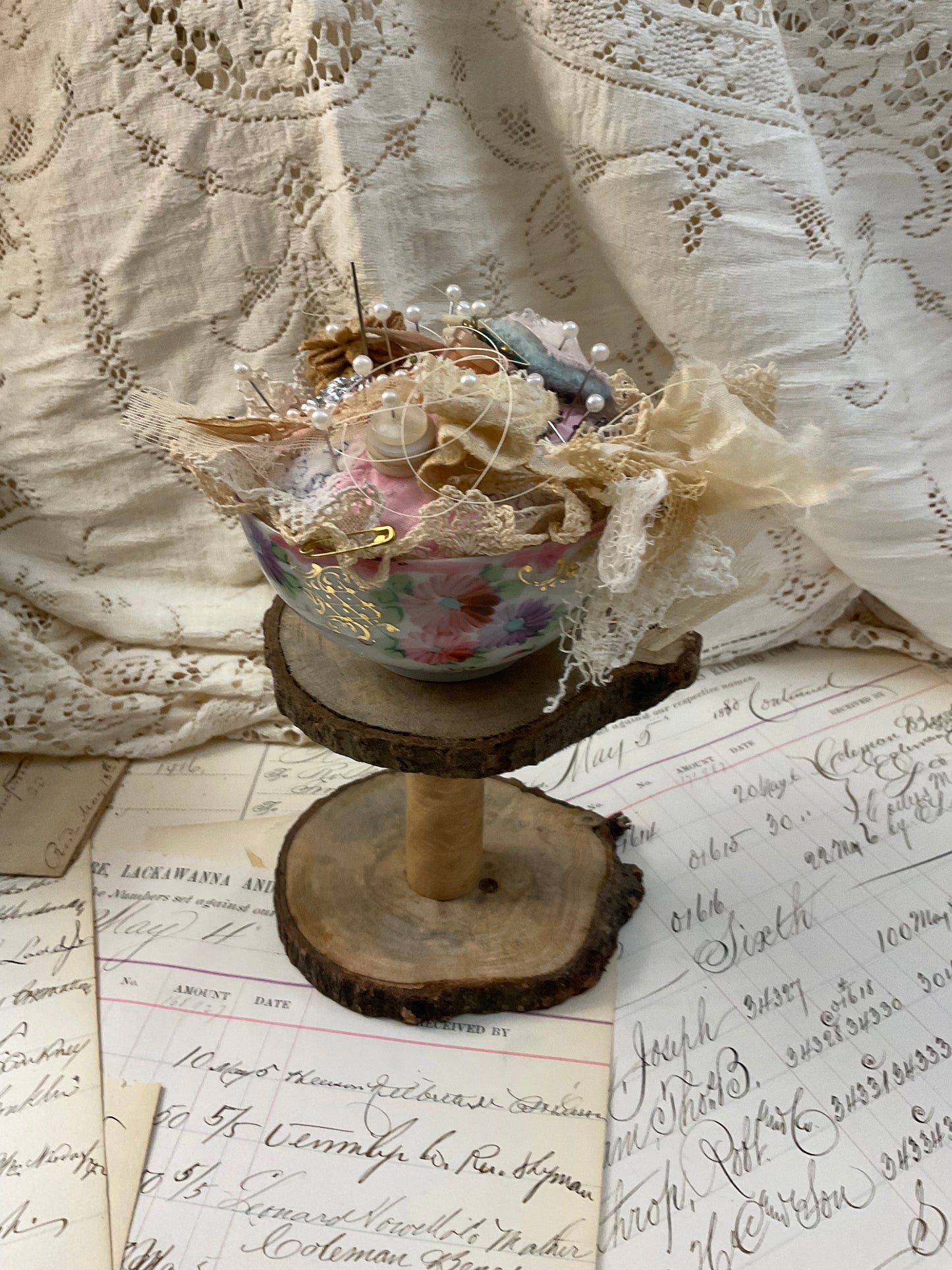 Teacup Pincushion w/ Pink and Purple Flowers