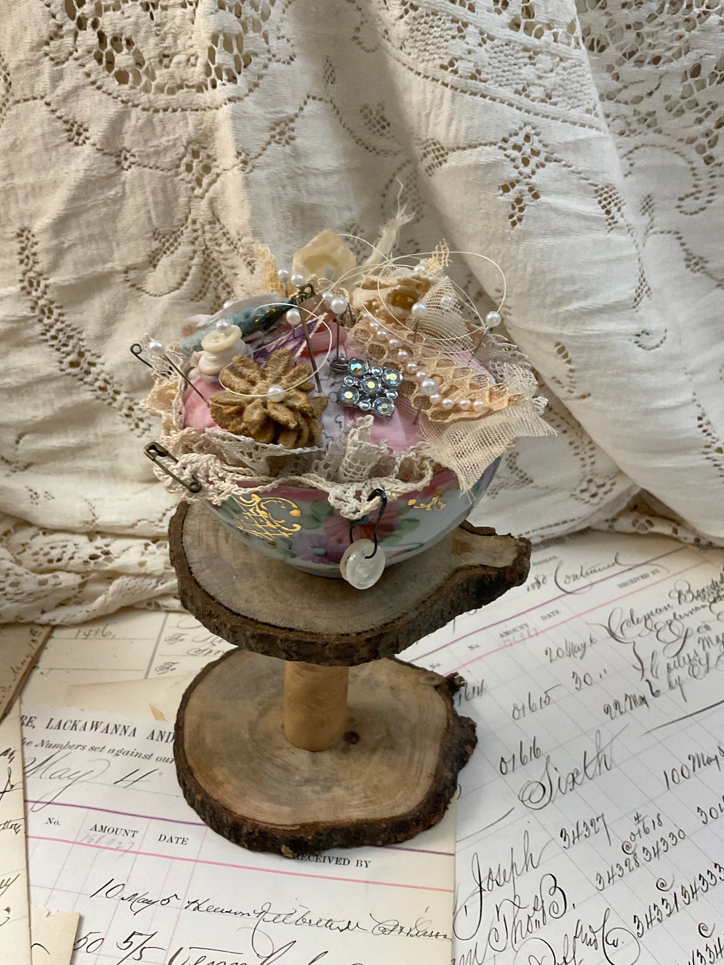 Teacup Pincushion w/ Pink and Purple Flowers