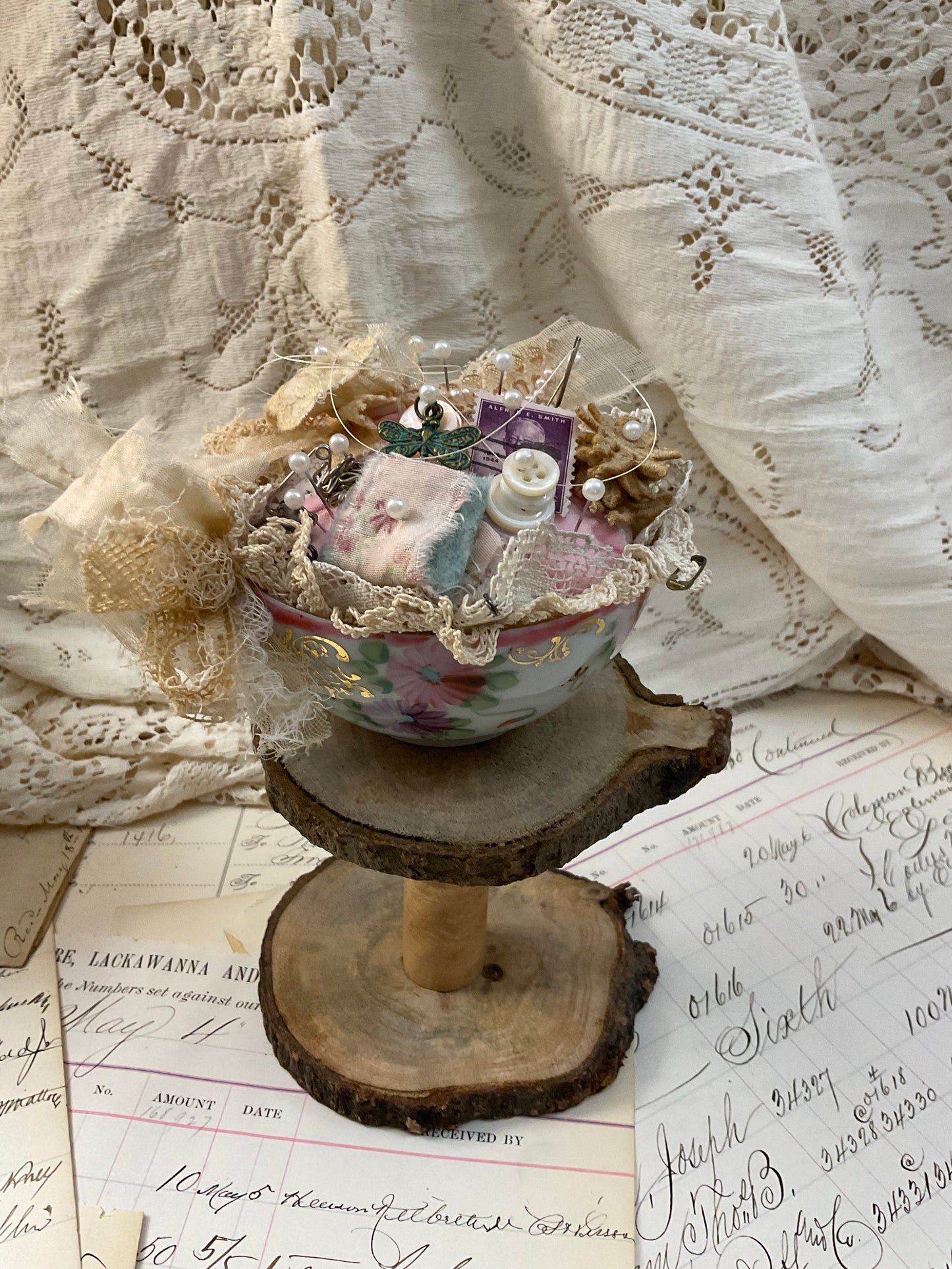 Teacup Pincushion w/ Pink and Purple Flowers