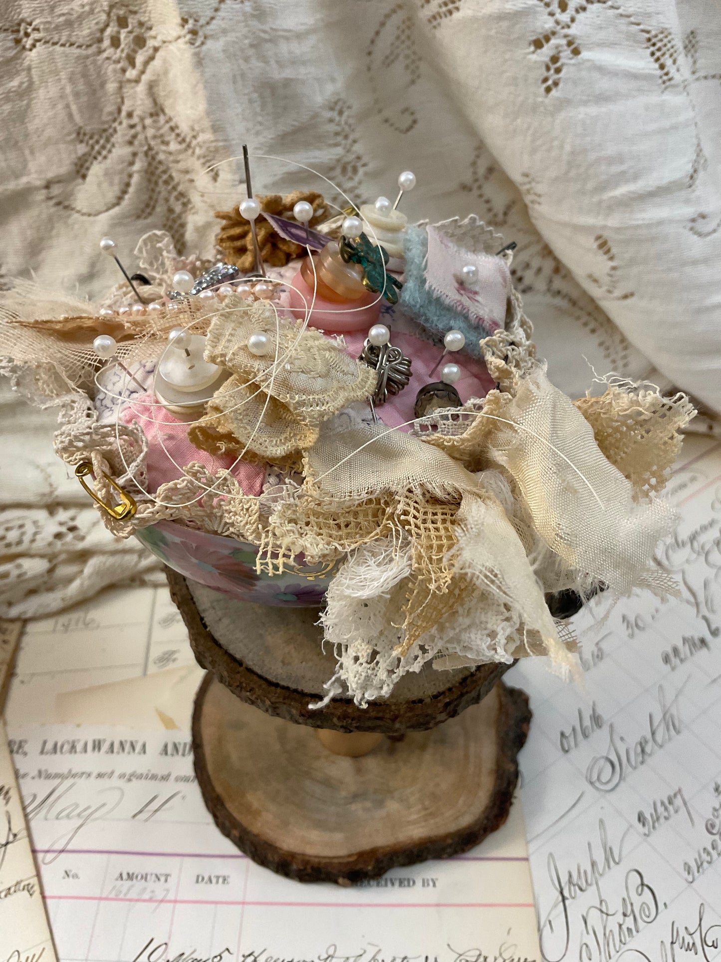 Teacup Pincushion w/ Pink and Purple Flowers