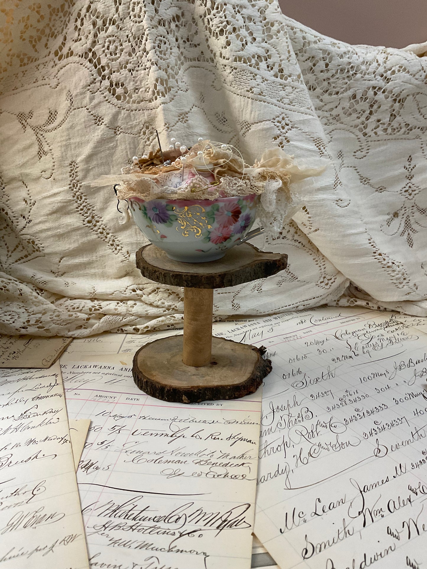 Teacup Pincushion w/ Pink and Purple Flowers