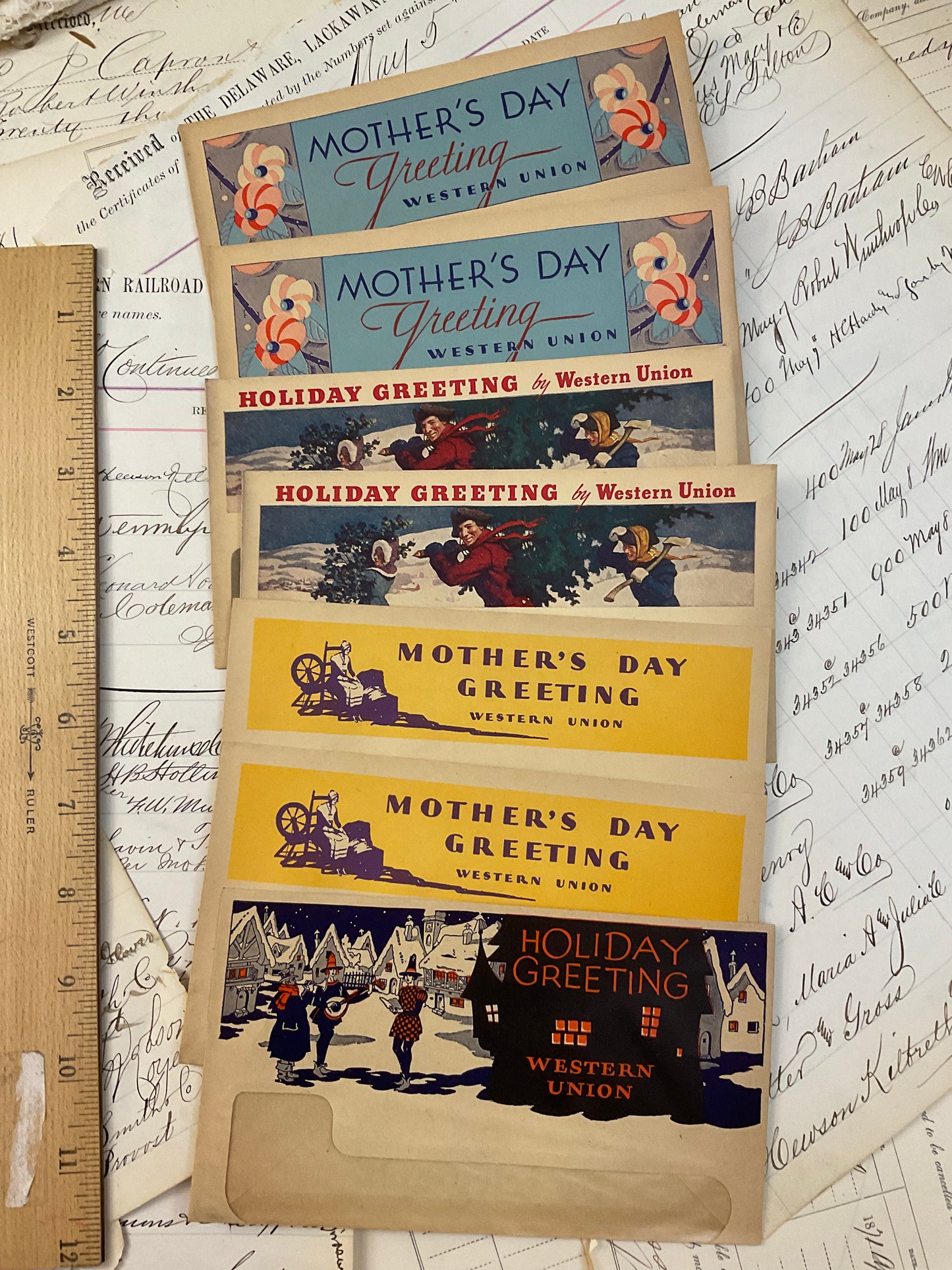 Seven vintage Western Union envelopes