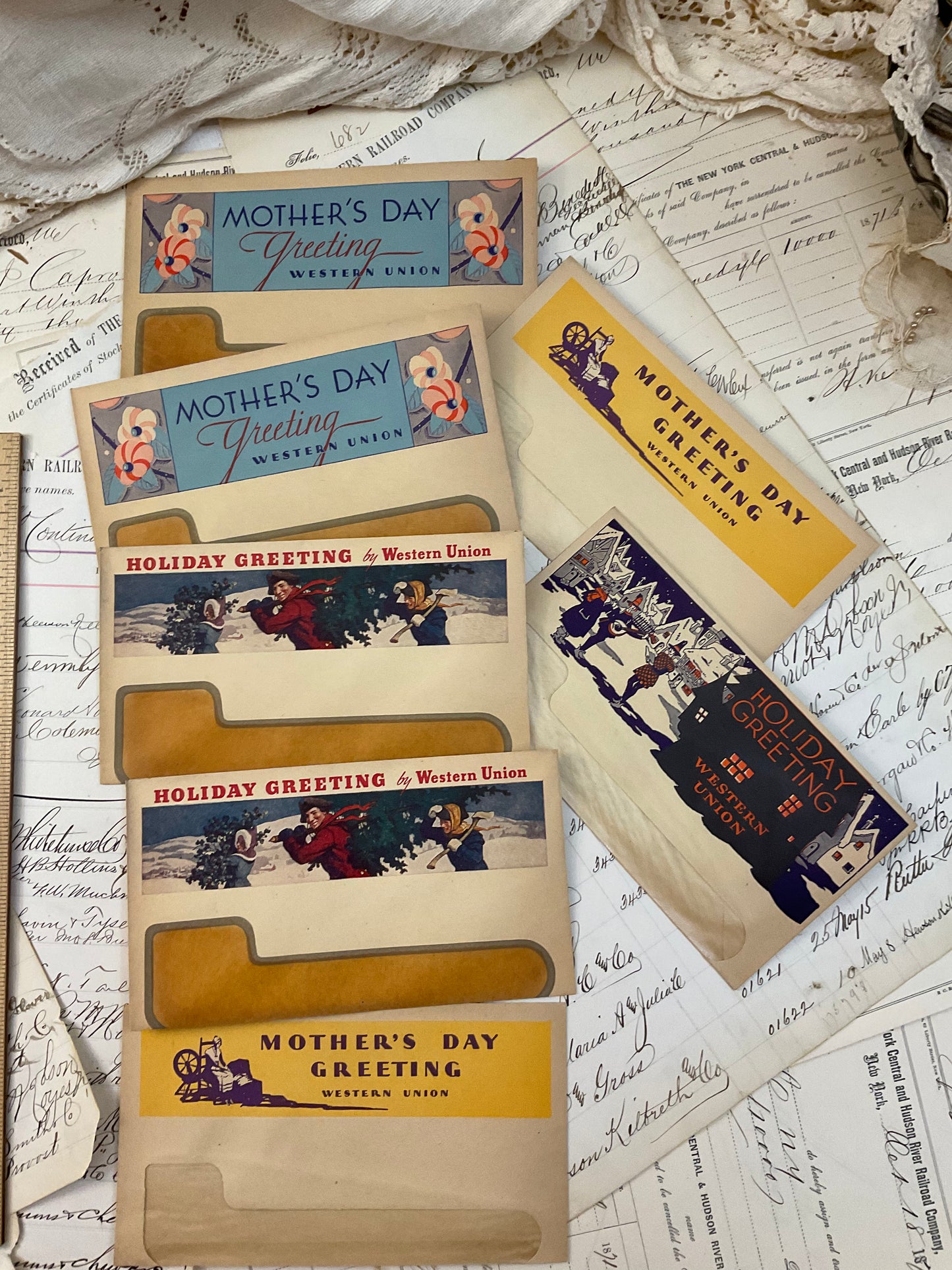 Seven vintage Western Union envelopes