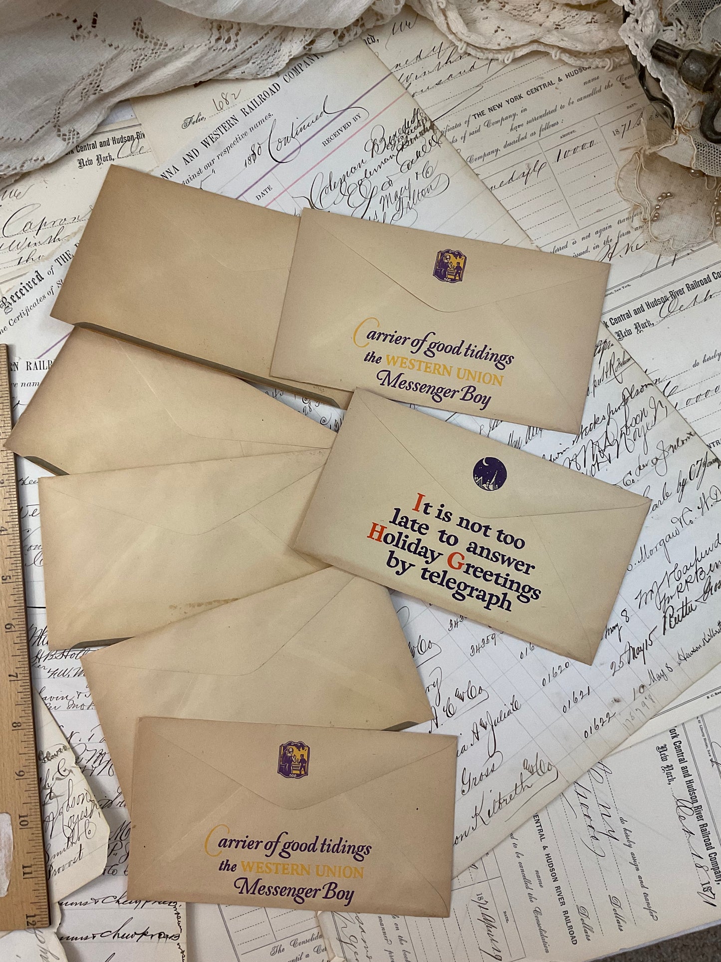 Seven vintage Western Union envelopes