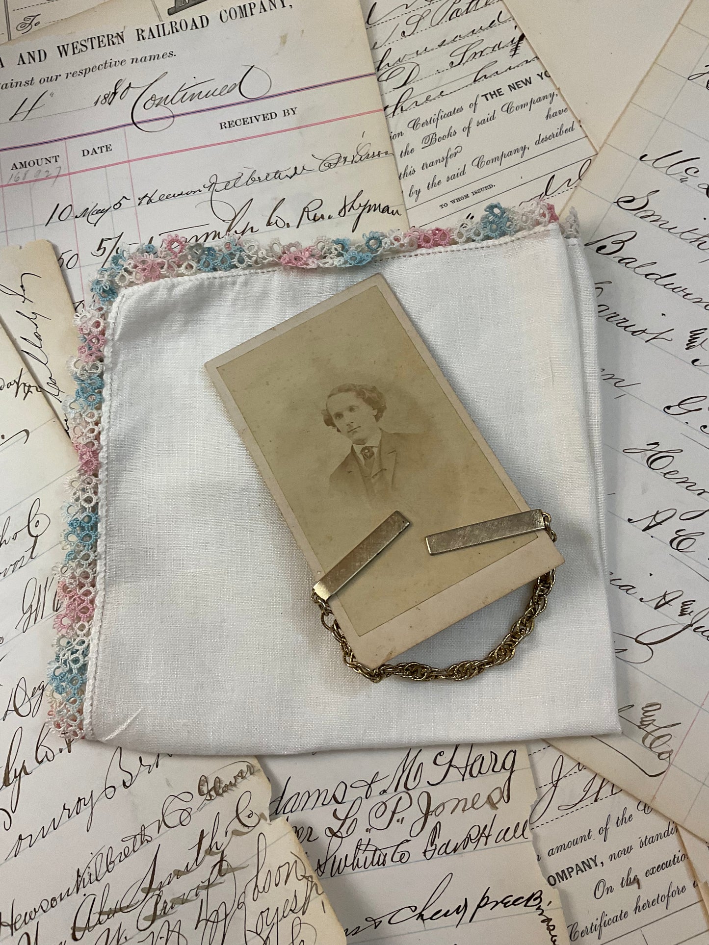 Sweater clip and small cabinet card –w/pink and blue Hankie