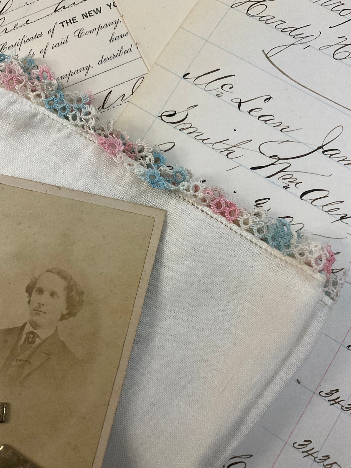 Sweater clip and small cabinet card –w/pink and blue Hankie