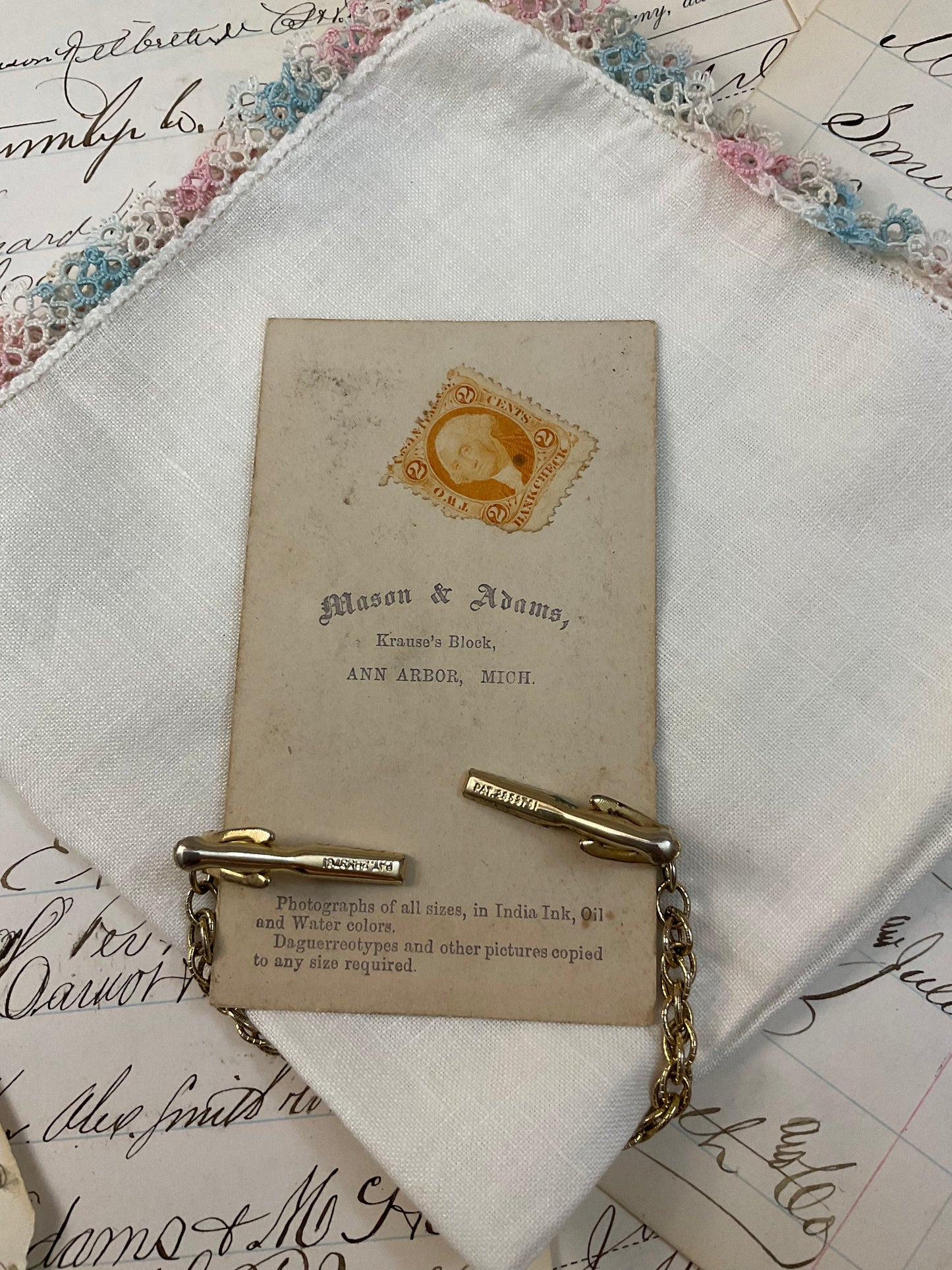 Sweater clip and small cabinet card –w/pink and blue Hankie