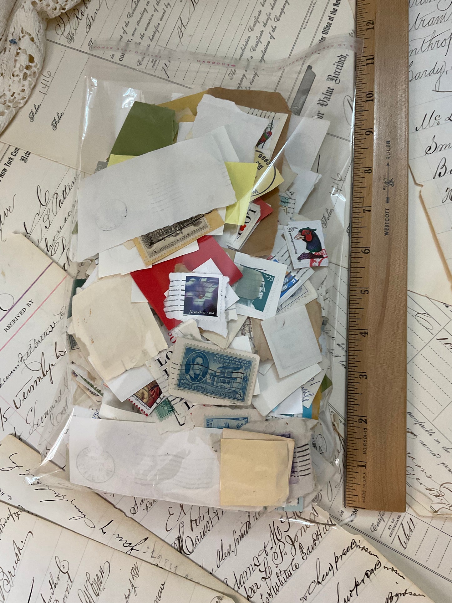 Stamps (torn off the envelopes.)