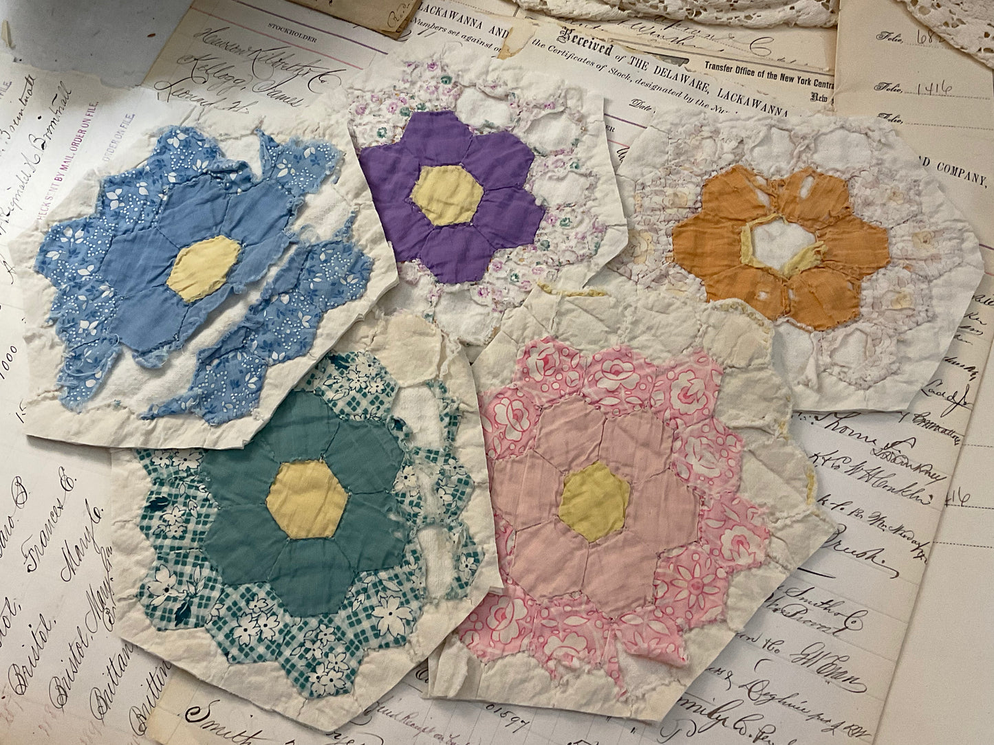 Grandma’s flower garden quilt pieces