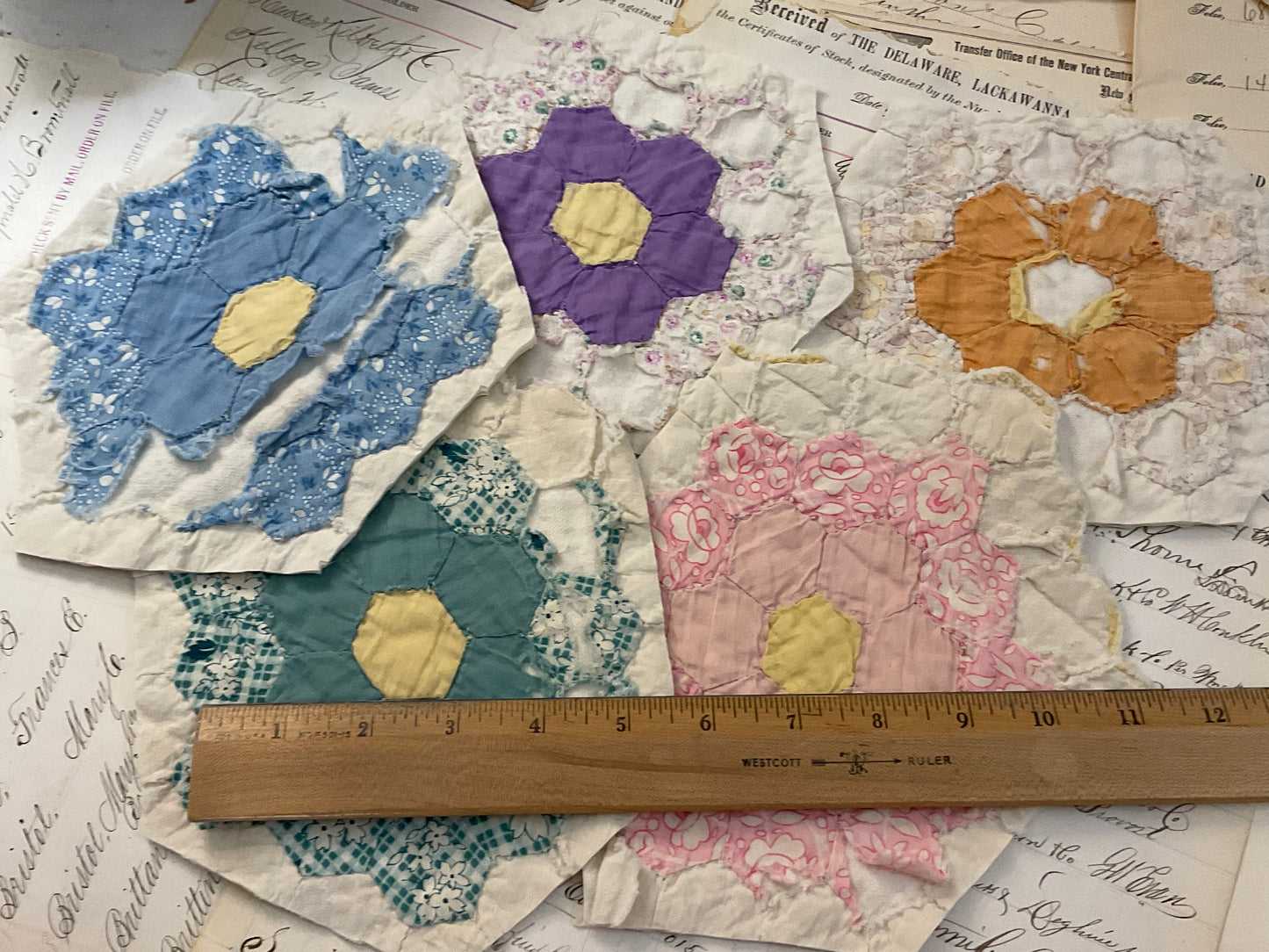 Grandma’s flower garden quilt pieces
