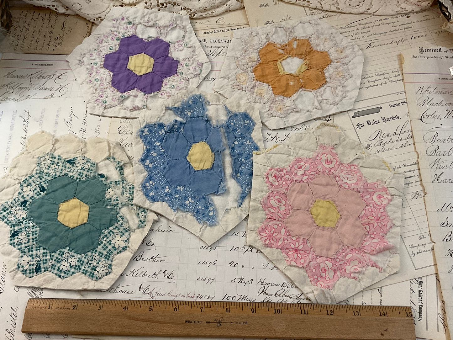 Grandma’s flower garden quilt pieces